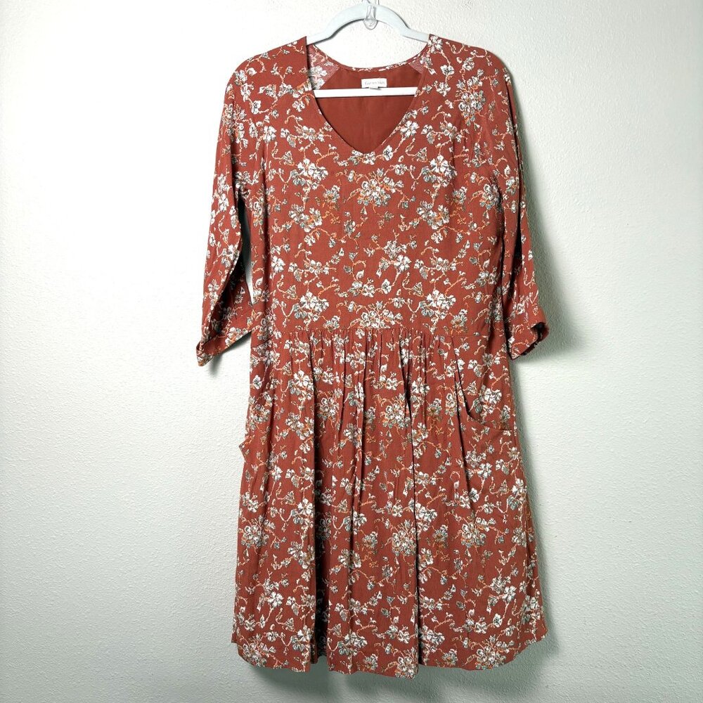 Garnet Hill Dress Size 4 Rust Orange Floral Drop Waist 3/4 Sleeve Pockets Boho
